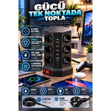 Merwish 12’li Akım Korumalı Kule Priz 3680W 16A – 1050J Aşırı Gerilim Koruma, 3 Usb-A, 2 Usb-C Pd 20W Hızlı Şarj, 2 Metre Kablo