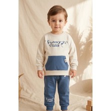 Wow Colours Milo Unisex Çocuk Bej & Mavi Funny Time Ayıcık Baskılı Kanguru Cepli Sweatshirt ve Jogger Alt Üst Takım