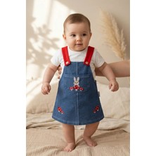 Baby Bu Kız Bebek Tavşan Nakışlı Kot Jile Ve Beyaz Tişört 2’li Takım - %100 Pamuklu Kırmızı Askılı Salopet Elbise