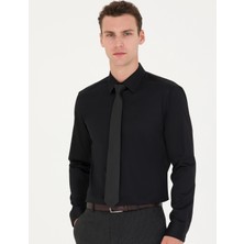 Pierre Cardin Siyah %100 Pamuk Parlak Saten Slim Fit Uzun Kollu Basic Gömlek