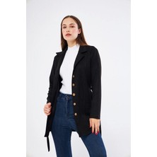 Apsen Collection Apsen Kadın Siyah Seyyar Kuşak Cep Detaylı Önden Düğmeli Süet Ceket 6501/80