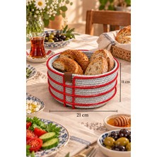 Edora Home Kırmızı Yuvarlak Ekmek Sepeti, Ekmeklik Sunum Sepeti, Buz Gri Makrome Çok Amaçlı Paslanmaz Metal