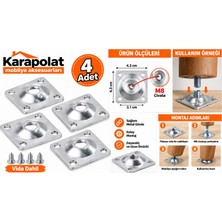 Karapolat M8 Mobilya Ayak Bağlantı Aparatı 4 Adet | Metal Montaj Plakası | Vida Dahil