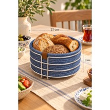 Edora Home Parlak Silver Yuvarlak Ekmek Sepeti, Ekmeklik Sunum Sepeti, Indigo Makrome Çok Amaçlı Paslanmaz Metal