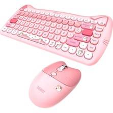 Universal KM-6285 Catty Mini Wireless-Bluetooth Kablosuz Ultra Sessiz Özel Tasarımlı Q Klavye Mouse Set Pembe