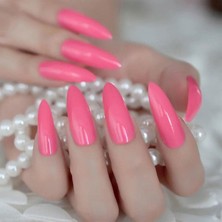 Eda Luxury Beauty 24'lü Pembe Takma Tırnak Seti Lüks Parlak Extra Uzun Sivri Stiletto Yapıştırıcılı False Nails Set