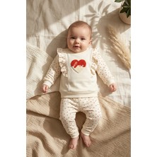 Babycan Kız Bebek Fırfırlı Kalp Nakışlı 2'li Takım - %100 Pamuklu Bej Sweatshirt ve Desenli Tayt Kombini