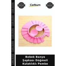 Carlburn Özel Üretim Ayarlanabilir Çocuk Şampuan Koruyucu Bebek Banyo Şapkası Düğmeli Kulaklıklı Pembe