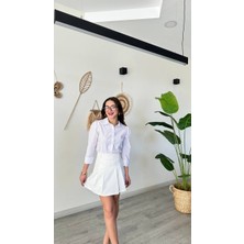 Milares Yüksek Bel Pileli Beyaz Şort Etek – A Kesim Mini Skort - Beyaz