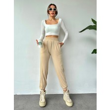 Milares Bej Renk Sandy Kumaş Lastikli Paça Pantolon - Bej