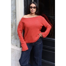 Kechi Woman Simli Kayık Yaka Triko Kazak Kırmızı