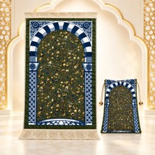 Arvares Taşınabilir Çantalı Ravza Desenli Seccade Ipeksi Dokulu Seyahat Namazlığı Hac Umre 75X125 cm Yeşil