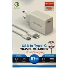 Megatech 67W Turbo Şarj Gösterme Evşarj Kafa + Type-C Şarj Kablosu
