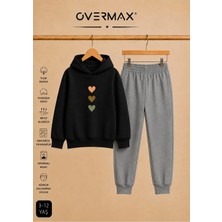 Overmax Çocuk Sevimli Kalpler Baskılı Kapüşonlu Sweatshirt & Eşofman Altı Takım – 3-12 Yaş