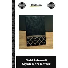 Carlburn Özel Üretim Şık Hediyelik Not Defteri Çizgili Gold Işlemeli Siyah Deri Defter