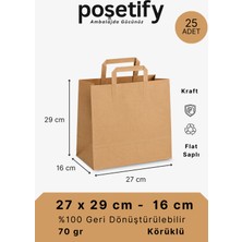 Poşetify Kraft Kağıt Çanta 27X29X16 cm | 25 Adet | Flat Saplı Körüklü Alışveriş ve Hediye Çantası | 70 gr