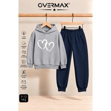Overmax Çift Kalp Baskılı Çocuk Kapüşonlu Sweatshirt Eşofman Takımı – 3-12 Yaş