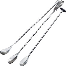 Str Store ® Paslanmaz Çelik Kokteyl Karıştırma Kaşığı Seti (3'lü) - 30 cm Çatallı, 30 cm Damla Uçlu ve 26 cm Disk Tokmaklı Barmen Kaşığı, Spiral Gövdeli Bar Ekipmanı
