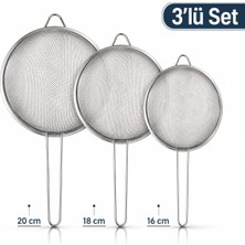 Str Store 3’lü Paslanmaz Çelik Süzgeç Seti 16-18-20 cm – Ince Gözenekli Metal Mutfak Süzgeci, Un Eleği, Makarna ve Sebze Süzme Aparatı