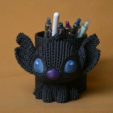Bin1çeşit 3D Baskı Knitted Kalemlik - Sevimli Karakterli Masaüstü Kalem Organizeri-Siyah