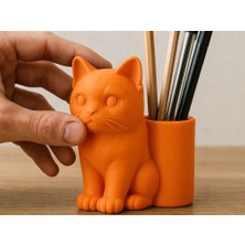 Bin1çeşit 3D Baskı Kedi Figürlü Kalemlik - Masaüstü Organizer - Turuncu