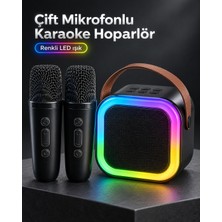 Mabelme Store Taşıma Askılı Siyah LED Işıklı Bluetooth Hoparlör Çift Mikrofonlu Karaoke Seti - Lisinya
