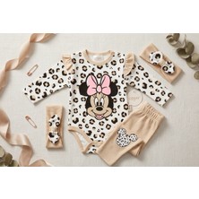 Elçi Cosay Baby Leopar Desenli Minnie Mouse Figürlü Fırfırlı 3'lü Kız Bebek Kombin Seti ve Saç Bandı