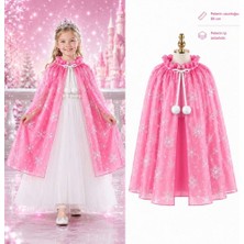 Bin1çeşit Kar Tanesi Desenli Pembe Elsa Pelerini - Astarlı Frozen Pelerini 85 cm