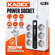 Kadex 6’lı Akım Korumalı Priz 3500W – 4 USB + 2 Type-C Girişli 2 Metre Kablolu Çoklu Priz