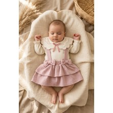 Mini Cayzen Baby Kız Bebek Pembe Müslin Salopet Etek ve Fisto Yakalı Body Kombini - Vintage Stil Şık Bebek Takımı