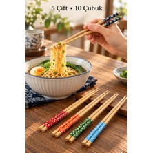 Bambu Chopstick Yemek Çubuğu Seti 5 Çift 10 Adet Çiçek Desenli