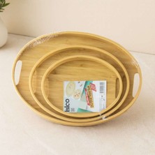Bin1çeşit Oval Bambu Ahşap Tepsi Seti 3'lü (20X29, 26X36, 31X45 Cm)