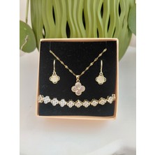 Lavante Butik Zirkon Taşlı Yonca Kolye Küpe ve Bileklik Takı Seti Kadın Çelik Set