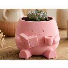 Bin1çeşit 3D Baskı Kitap Okuyan Saksı - Kupa Tutan Sevimli Saksı-Pembe