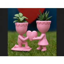 Bin1çeşit 3D Baskı Aşk Saksısı - Kalp Tutan Çift Figürlü Dekoratif Saksı - Pembe