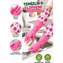 BURADABULDUN Uzun Kollu Temizlik Eldiveni Çiçek Desenli Su Geçirmez Bulaşık Eldiveni