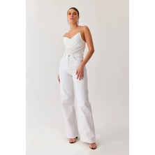 Beeke Trend Yüksek Bel Wide Leg Beyaz Palazzo Pantolon Bol Paça Jeans (1 Beden Büyük Alınız)