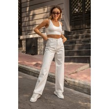 Beeke Patricia Kadın Beyaz Kot Pantolon Wide Leg Kalıp Yüksek Bel Jean
