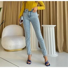 Beeke Kadın Yüksek Bel Mavi Kar Yıkama Mom Jeans Likralı Esnek Kot Pantolon Boyfriend Premium Jean