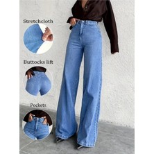 Beeke Lalin Kadın Jeans Salaş Rahat Yüksek Bel Bol Paça Likralı Wide Leg Jean Palazzo Kot Pantolon