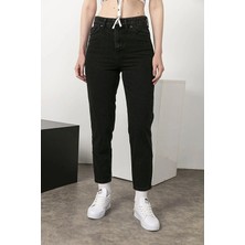 Beeke Kadın Siyah Solmayan Mom Jeans Likralı Jeans Rahat Yüksek Bel Boyfrend Kadın Jeans Pantolon