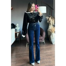 Beeke Milano Lacivert Süper Yüksek Bel Likralı Flare Ispanyol Kot Pantalon Jeansjean