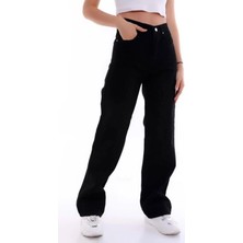 Beeke Yüksek Bel Fermuar Kapamalı Cepli Geniş Paça Rahat Kalıp Wide Leg Yıkamalı Denim Jean Kot Pantolon