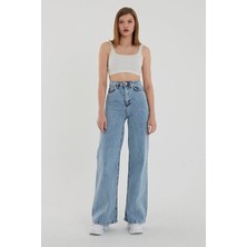 Beeke Salaş Açık Mavi Asit Kar Yıkama Süper Yüksek Bel Wide Leg Comfort Likralı Palazzo Jeans(Tam Kalıp)