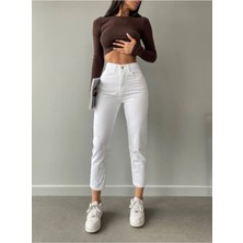 Beeke Kadın Yüksek Bel Beyaz Boyfriend Jeans Likralı Esnek Kot Pantolon
