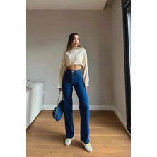 Beeke Gold Ikon 90's Koyu Mavi Likralı Süper Extra Yüksek Bel Palazzo Salaş Jean Pantolon(Tam Kalıp)