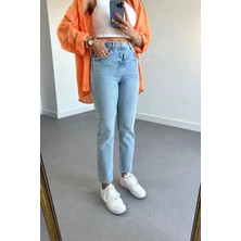 Beeke James- Kadın Yüksek Bel Mavi Kar Yıkama Likralı Mom Jeans Boyfrend Pantolon
