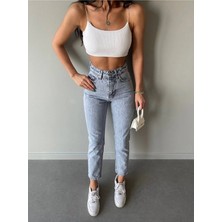 Beeke Maria Kadın Mavi Kar Süper Yüksek Bel Comfort Likralı Mom Kot Pantalon Jeans (Tam Kalıptır)