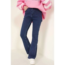 Beeke Trend Ispanyol Paça Jeans Solma Lacivert Ispanyol Jeans Yüksek Bel Kot Pantolon