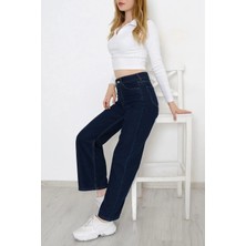 Beeke Multy 90's Lacivert Likralı Süper Extra Yüksek Bel Palazzo Salaş Jean Pantolon Wide Leg